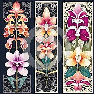 image of 3 colorful orchid flowers in vertical frame column with Nordic art.