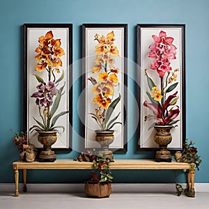 image of 3 colorful orchid flowers in vertical frame column with Nordic art.