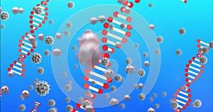 Image of 3D coronavirus Covid 19 cells spreading with rotating DNA strands