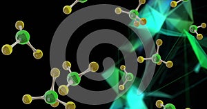 Image of 3d micro of molecules and light trails on black background