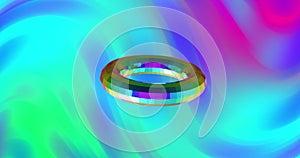 Image of 3d multicoloured shape over neon multi coloured background