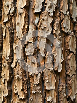 Detailed close-up of rough tree bark texture with natural wooden patterns and earthy tones