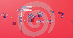 Image of 4th of july independence day text over balloons and flags of united states of america