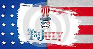 Image of 4th of july text with icons over flag of usa