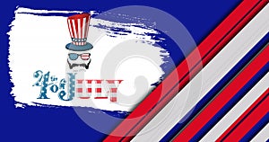 Image of 4th of july text over with icons over red and white stripes on blue background