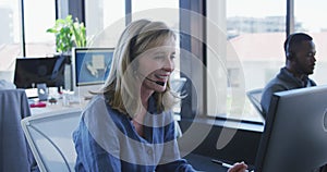 Image of 6g texts over caucasian woman using phone headset