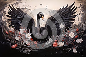 Image of abstract fantasy of black swan spreading its wings, Birds, Wildlife Animals, Illustration, Generative AI