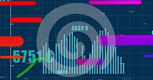 Image of abstract pattern over graph and increasing numbers with multiple currency symbols