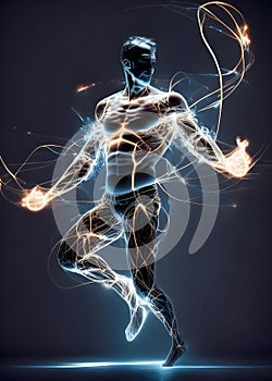 image of an abstract shadowy human figure dancing form made up of wires and string lights on the moody dark stage.