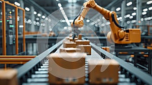 image of active industrial factory line showcasing conveyor belts and robotic arms, emphasizing manufacturing automation