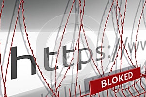 Image of the address bar of the website is blocking the fence with barbed wire - blocked Internet concept