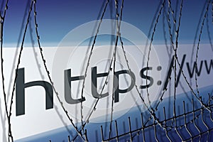 Image of the address bar of the website is blocking the fence with barbed wire - blocked Internet concept