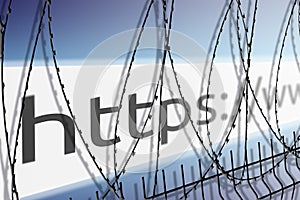 Image of the address bar of the website is blocking the fence with barbed wire - blocked Internet concept