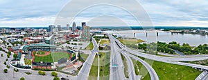 Aerial panorama Louisville Slugger Field with Ohio river and Kentucky highway system photo