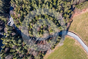 Image of aerial shot with drone of a road in dense conifer forest in spring with cars, Germany