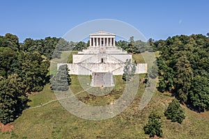 Image of an aerial view with a drone of the Walhalla in Regensburg, Germany