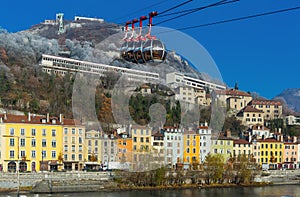 Aerial view of Grenoble with French Alps and cable car