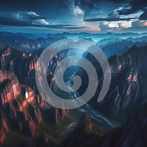 image of aerial view of mountainous grand canyon rocky landscape at twilight sky.