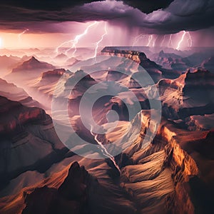 image of aerial view of mountainous grand canyon rocky landscape at twilight sky.