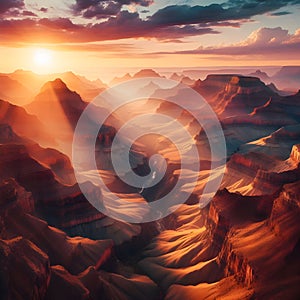 image of aerial view of mountainous grand canyon rocky landscape at twilight sky.