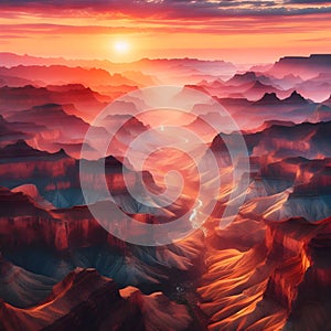 image of aerial view of mountainous grand canyon rocky landscape at twilight sky.