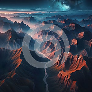 image of aerial view of mountainous grand canyon rocky landscape at twilight sky.