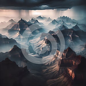image of aerial view of mountainous grand canyon rocky landscape at twilight sky.