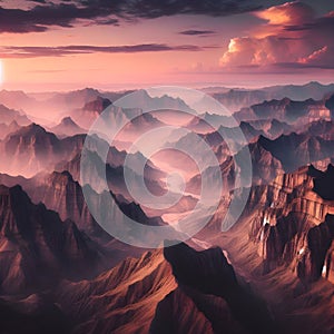 image of aerial view of mountainous grand canyon rocky landscape at twilight sky.