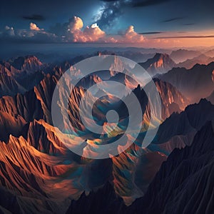 image of aerial view of mountainous grand canyon rocky landscape at twilight sky.