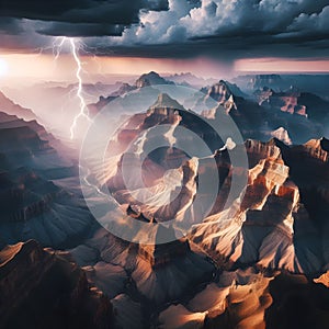 image of aerial view of mountainous grand canyon rocky landscape at twilight sky.