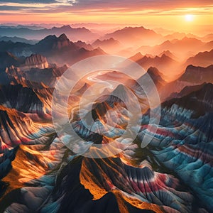 image of aerial view of mountainous grand canyon rocky landscape at twilight sky.