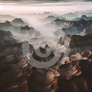 image of aerial view of mountainous grand canyon rocky landscape at twilight sky.