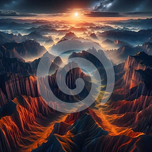 image of aerial view of mountainous grand canyon rocky landscape at twilight sky.