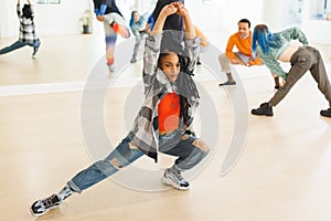 Image of african american female hip hop dancer practicing at dance studio