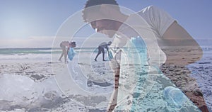 Image of african american man over african american couple segregating waste at beach