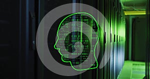 Image of ai binary coding, brain and data processing over computer servers