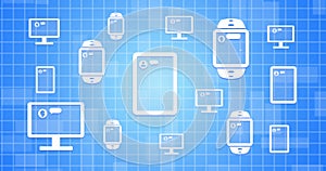 Image of ai bot conversations on screens over blue background