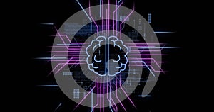 Image of ai brain, circuit board with data processing over black background