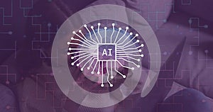 Image of ai chat data processing over caucasian woman using tablet