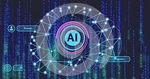 Image of ai chat dialogue and scanner with ai brain network over processing data