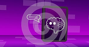 Image of ai data processing and icons over computer screen