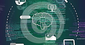 Image of ai data processing and icons over green background