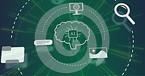Image of ai data processing and icons over green background
