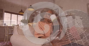 Image of ai data processing over biracial woman using smartphone