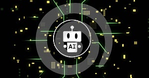 Image of ai data processing over chat bot and computer circuit board