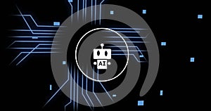 Image of ai data processing over chat bot and computer circuit board