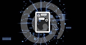 Image of ai data processing over chat bot and computer circuit board