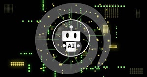 Image of ai data processing over chat bot and computer circuit board