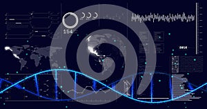 Image of ai data processing over dna strand and dark background