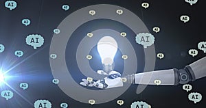 Image of ai data processing over robot's arm with light bulb background